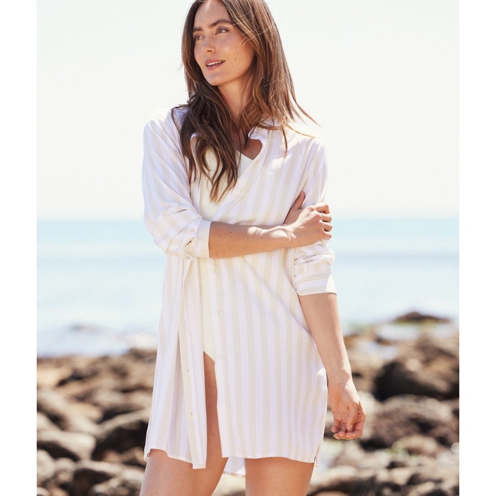 Summersalt Silky Luxe Short Effortless Shirtdress Cover-Up Sand White Stripe L